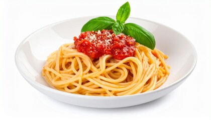 Spaghetti with Tomato Sauce in White Bowl, Isolated on White Background