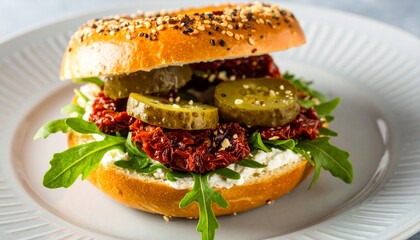 Everything Bagel with Sun-dried Tomatoes, Cream Cheese, and Pickles, Isolated on Gray Background