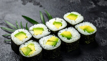 Avocado Sushi Rolls on Dark Gray Background