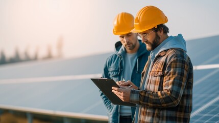 Solar panel workers review clipboard. Energy progress sustainability AI generated