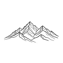 A black and white line drawing of a mountain range with detailed ridges and peaks