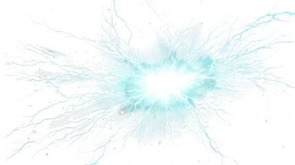A bright blue and white energy explosion with electric streaks radiates outwards isolated on transparent background