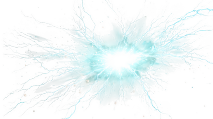 A bright blue and white energy explosion with electric streaks radiates outwards isolated on transparent background