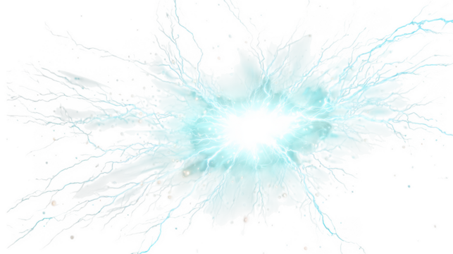 A bright blue and white energy explosion with electric streaks radiates outwards isolated on transparent background