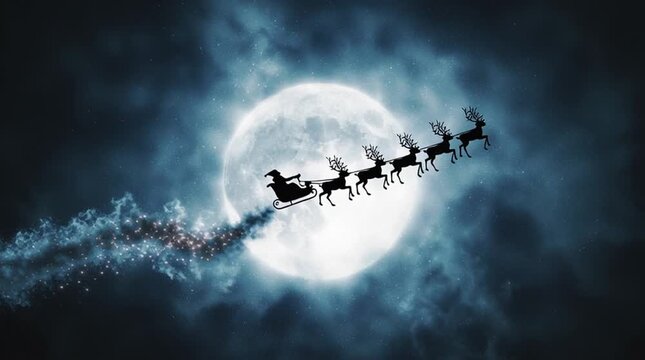 A silhouette of Santa&rsquo;s sleigh and reindeer flying across a glowing full moon on a starry night, leaving behind a sparkling trail of magic and Christmas wonder.
