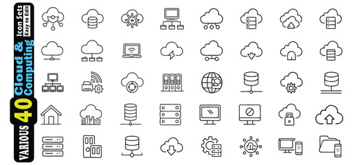Collection of 40 cloud and computing icons in black outline style cloud computing technology