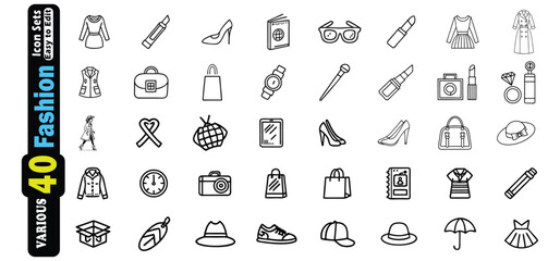 Collection of 40 fashion and lifestyle icons in black outline clothing dress