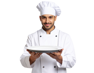 portrait of a chef holding a tray with food