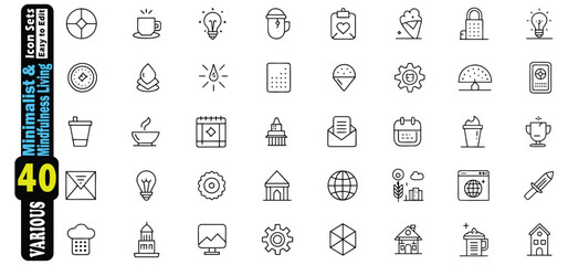 Collection of 40 minimalist line icons for mindfulness and living line art