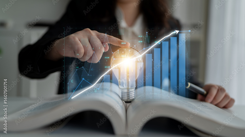 Poster conceptual image representing business growth, featuring a light bulb for innovation and an open boo