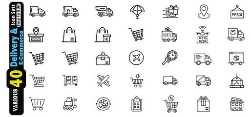 Collection of black and white delivery and e commerce outline icons ecommerce logistics