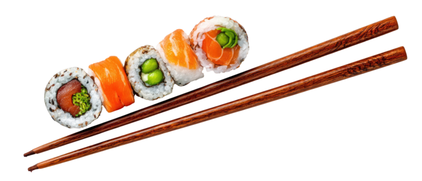 Assorted sushi rolls held by chopsticks