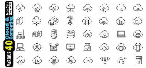 Collection of Cloud Computing and Technology Line Icons data network