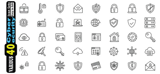 Collection of Cyber Security Icons Including Locks Shields and Network Symbols cybersecurity