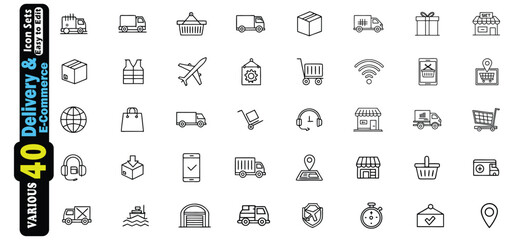 Collection of Delivery and E Commerce Outline Icons on White Background delivery truck