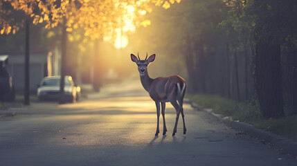 Urban deer walking down deserted C29A2
