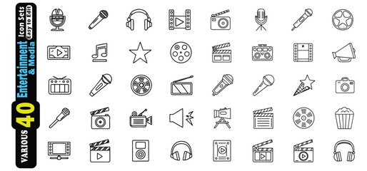 Collection of entertainment and media icons including microphones cameras and film reels
