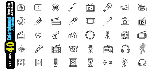 Collection of Entertainment and Media Outline Icons on White Background vector