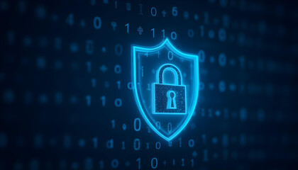 Glowing blue shield padlock digital security digital art