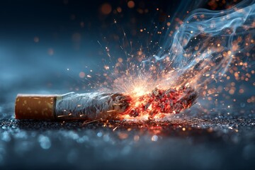 Smoldering Cigarette Butt Emitting Sparks and Smoke on Dark Surface