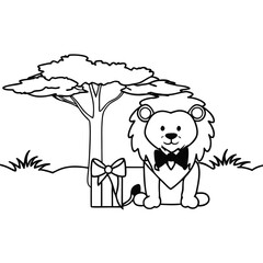 Cartoon lion cub with bowtie and gift under a tree animal illustration