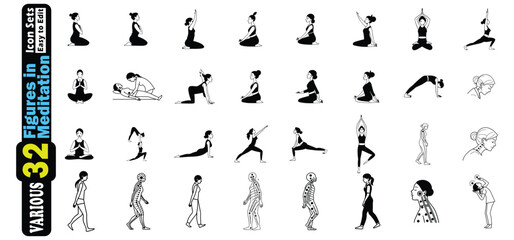 Diverse Figures in Yoga and Meditation Poses Line Art Icons vector