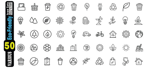 Eco friendly icon set with recycling symbols plants and renewable energy sustainability