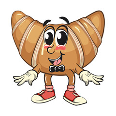 funny croissant mascot character with a bow tie in sneakers, cute bakery bread cartoon vector isolated illustration, work of hand drawn