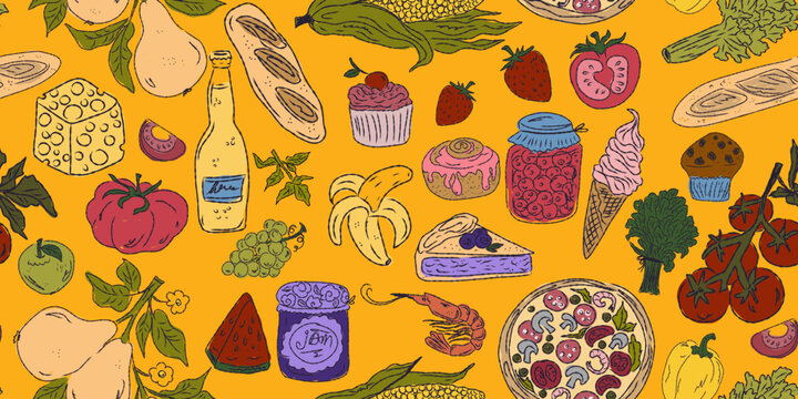 The Dolce Vita collection is a whimsical seamless pattern with vibrant color accents, inspired by the Mediterranean lifestyle. Hand-drawn sketch style