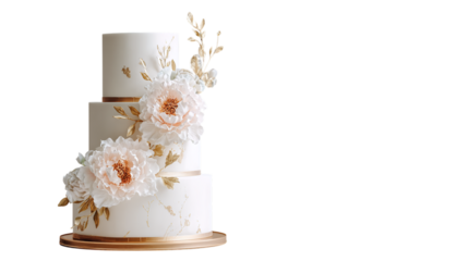 Minimalist white tiered cake with floral sugar details and gold leaf, elegant concept, transparent background 