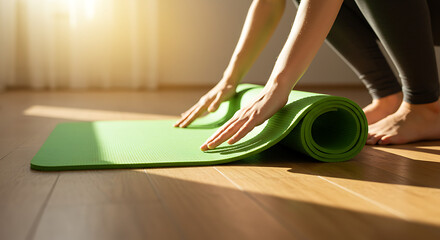 A person rolling out a yoga mat on a wooden floor in natural light, image focused on the mat and hands.