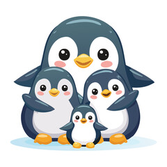 Happy Penguin Family With Two Cute Chicks