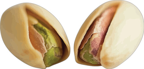 Two shelled pistachios with green kernels nuts food
