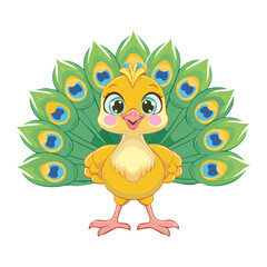 Happy Yellow Peacock with Full Tail Display