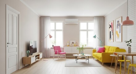 Bright and Cheerful Interior Featuring a Yellow Sofa, Pink Chair, and Modern Decor Accents