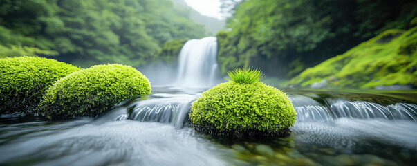 Lush green moss covered stones sit in crystal clear stream, with stunning waterfall cascading in background. vibrant greenery and flowing water create peaceful and refreshing scene