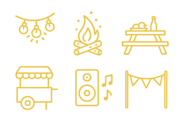 Naklejka premium Yellow thin line icons of outdoor party elements like string lights, bonfire, and food cart. Perfect for summer festivals and celebrations.