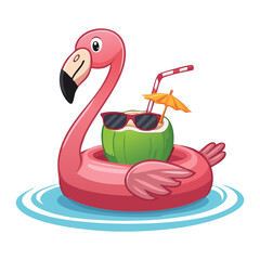 Happy Flamingo Floating on Inflatable with Drink