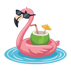 Cool Flamingo on Inflatable with Coconut Drink