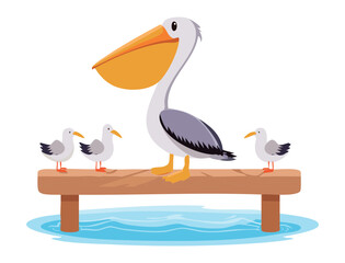 Pelican and Small Birds Perched on Pier