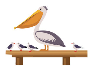 Pelican Resting on Pier with Small Birds
