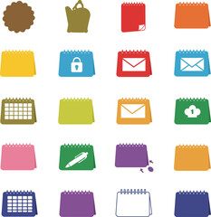 Hand-drawn vector icons of diverse desk calendars and planners in various colors, ideal for scheduling, time management, office organization, and event planning visuals.
