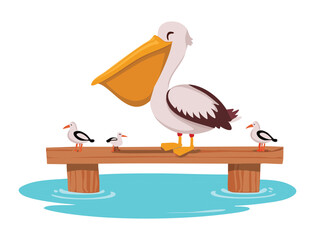 Pelican Watching Small Birds from Wooden Pier