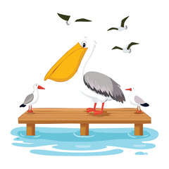 Pelicans and Seagulls Gathering on Wooden Pier
