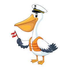 Adventurous Pelican Captain with Binoculars and Flag