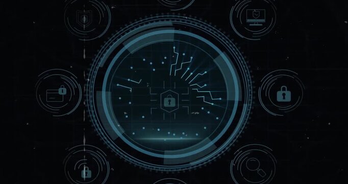 Shield emerging from dark, scanning ring revealing lock, orbiting icons visualizing cyber security