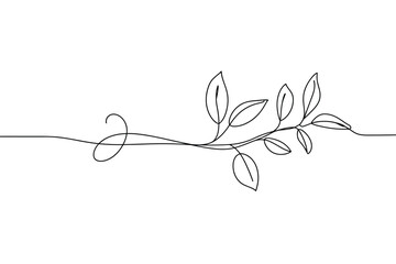 Elegant single line drawing of a delicate plant with leaves and a swirl
