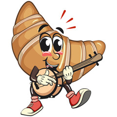 funny croissant mascot character playing the banjo musical instrumen in sneakers, cute bakery bread cartoon vector isolated illustration, work of hand drawn