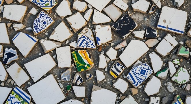 Title: Broken ceramic tile mosaic, irregular white fragments on gray, abstract texture.

