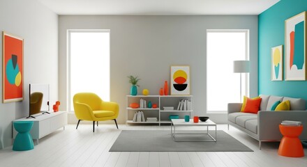 Bright Interior Design Featuring a Yellow Armchair, Gray Sofa, and Colorful Accents in a Modern Living Room with Natural Light